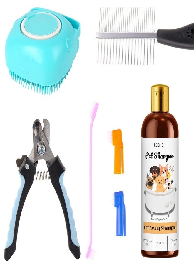 مجموعة ريجيس للعناية بالحيوانات الأليفة، مجموعة من 5 قطع تشمل شامبو، فرشاة سيليكون، مقص أظافر، مشط معدني، وفرش أسنان للأصابع للكلاب والقطط - Image 1